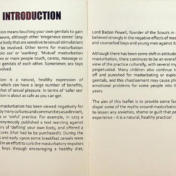 Introduction of the booklet contains black font on white background, describing the history of  the stigmatisation of masturbation and the purpose of the document in combatting this.